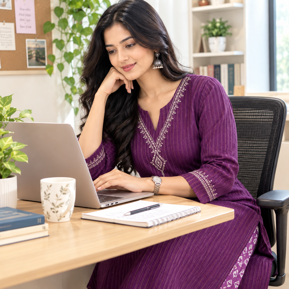 Anvita Purple Cotton Kurti with Golden Vertical Stripes & Embroidery