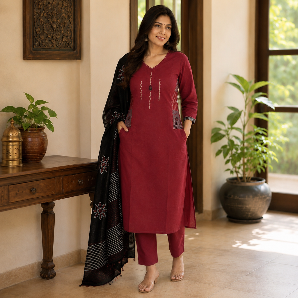 Revanta Maroon Embroidered Kurta Pant Set with Black Printed Dupatta & Mirror work