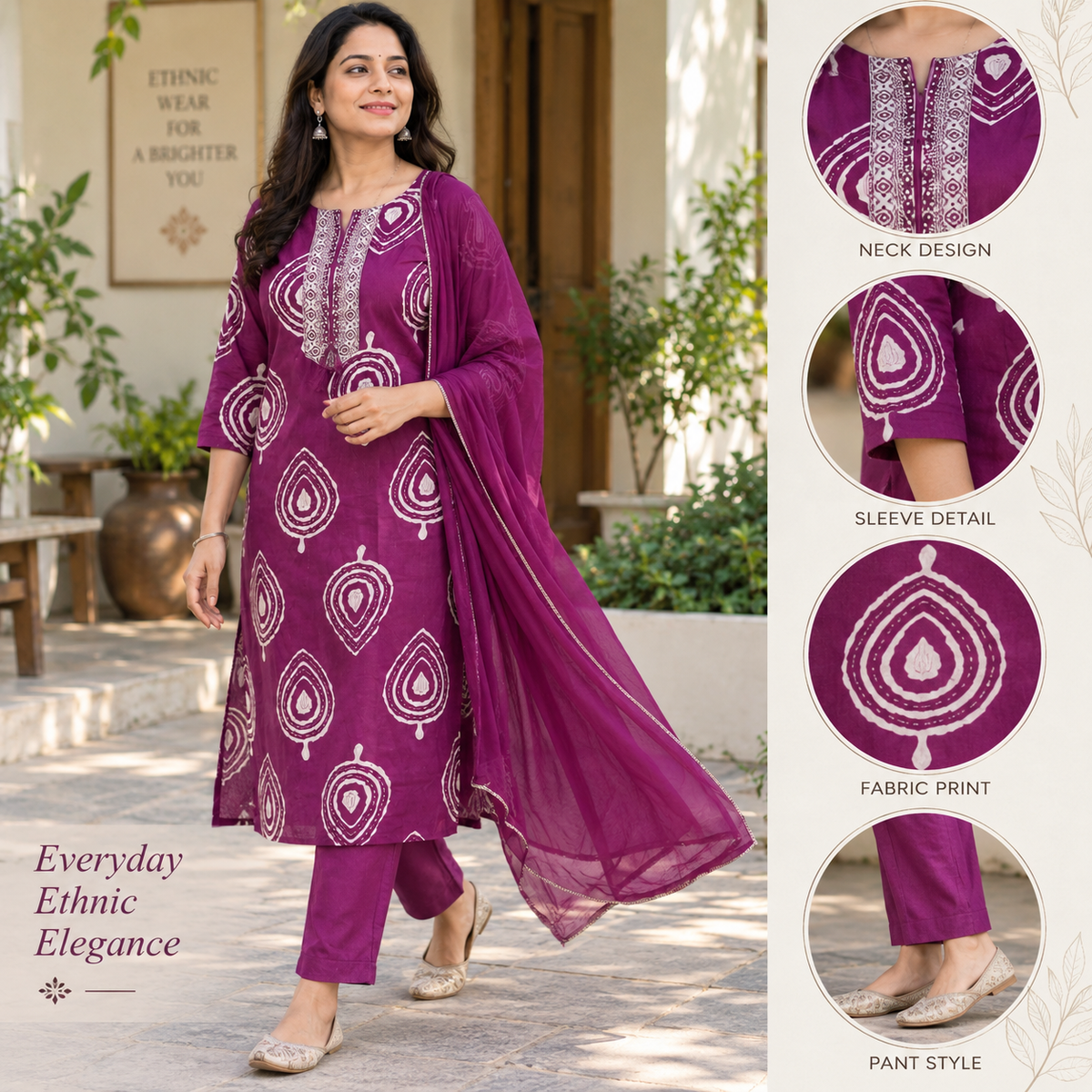 Revanta Wine Red Rayon Kurta Pant Set with Mirror Work Yoke & Chiffon Dupatta