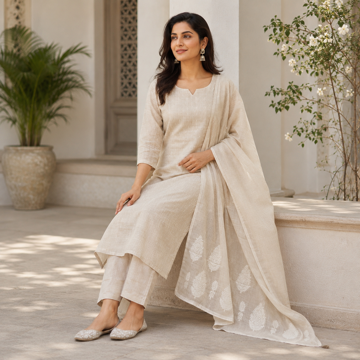 Revanta Ivory Textured Kurta Pant Set with Motif Dupatta- Silk Blend