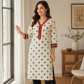 Anvita Ivory Cotton Printed Kurta with Red V-Neck & Contrast Sleeve Border