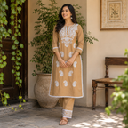 Revanta Premium Camel Brown Rayon Chikankari White Embroidered Kurta Pant Set
