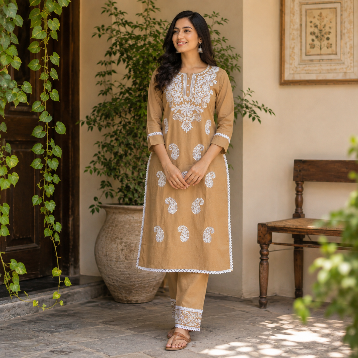 Revanta Premium Camel Brown Rayon Chikankari White Embroidered Kurta Pant Set