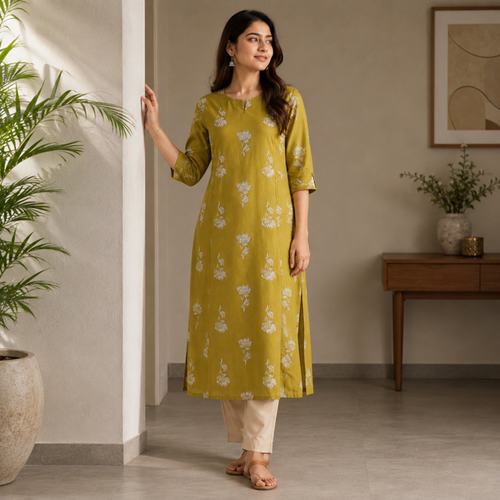 Anvita Mustard Yellow A-Line Cotton Kurti – Floral Motif Detail & Functional Side Slit Pockets – Elegant Ethnic Wear