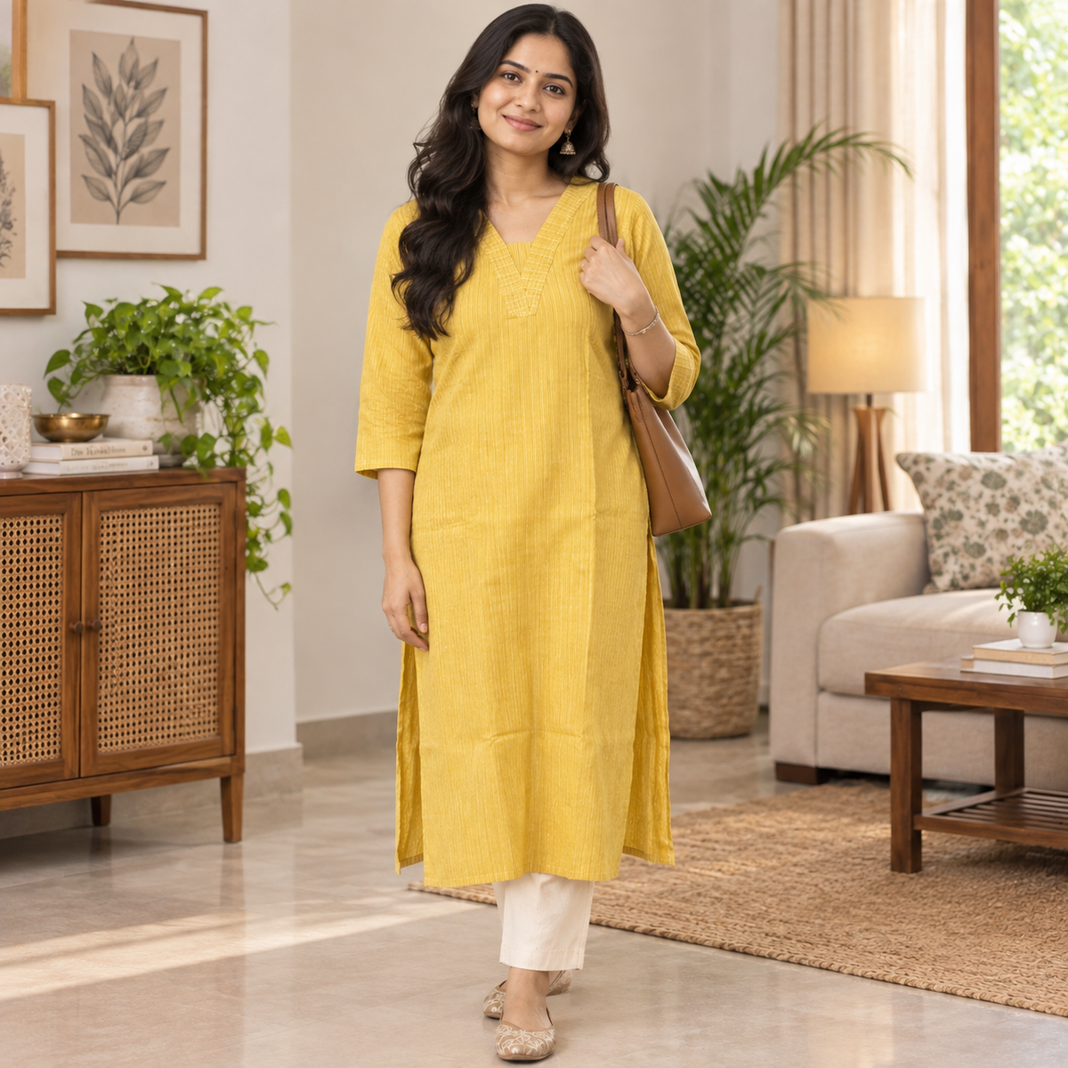Revanta Mustard Yellow cotton Kurta with Stripe V Neck & lining