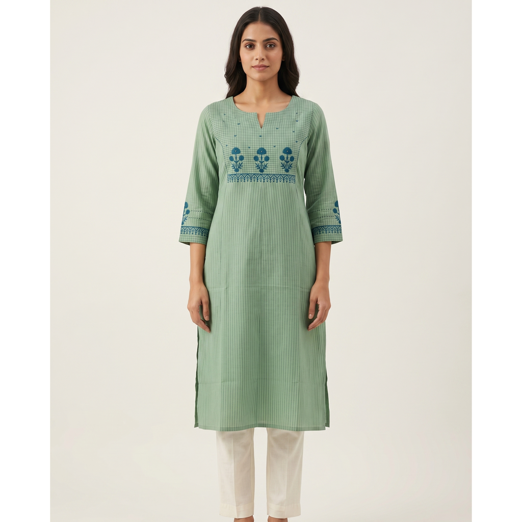 Anvita Sage Green Pure Cotton Straight Kurta – Blue Floral Embroidery & Vertical Stripes