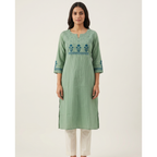 Anvita Sage Green Pure Cotton Straight Kurta – Blue Floral Embroidery & Vertical Stripes