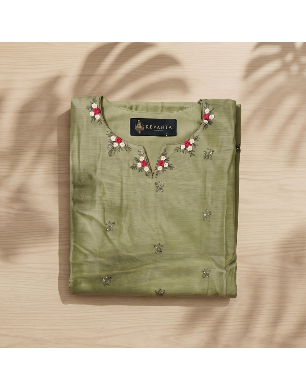 Revanta Green Mul Chanderi Co-ord Set – Embroidered A-Line Kurta with Pants