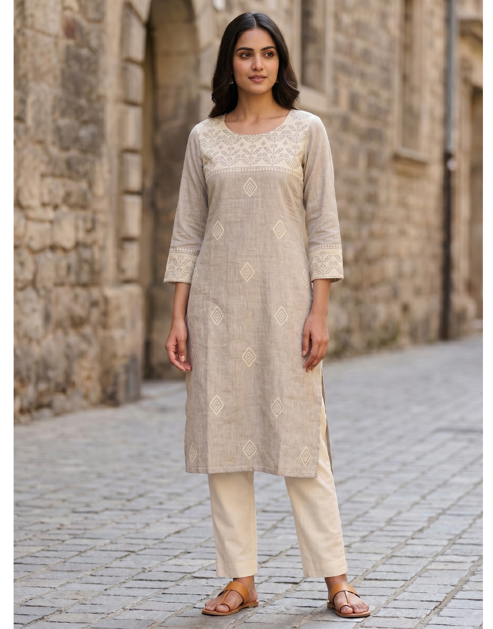 Anvita Ash Cotton Slub Kurta – Embroidered Yoke & Delicate Diamond Motif – Minimalist Chic