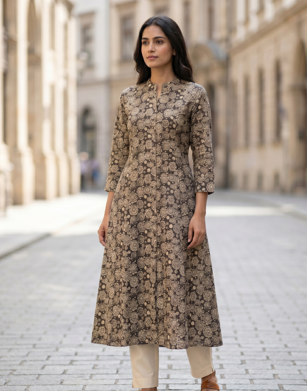 Anvita Brown Floral Print A-Line Kurta – Elegant Mandarin Collar Ethnic Daily Wear