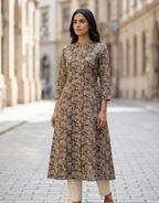 Anvita Brown Floral Print A-Line Kurta – Elegant Mandarin Collar Ethnic Daily Wear