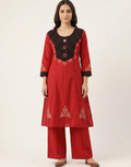 Crimson Red Cotton Straight Kurta Palazzo Set – Contrast Yoke & Mirror-Work Digital Print