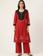 Crimson Red Cotton Straight Kurta Palazzo Set – Contrast Yoke & Mirror-Work Digital Print