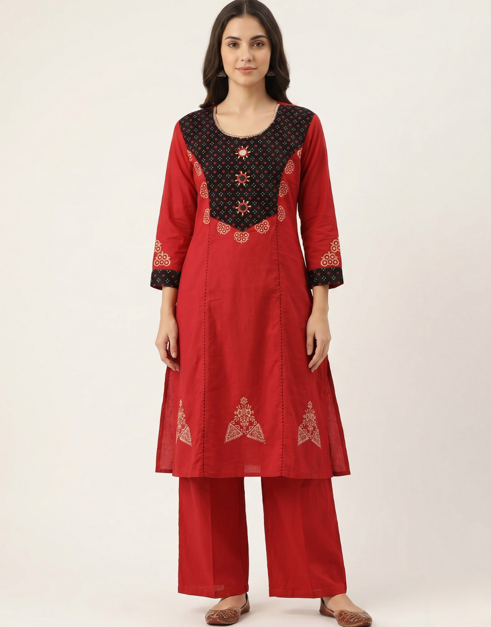 Crimson Red Cotton Straight Kurta Palazzo Set – Contrast Yoke & Mirror-Work Digital Print