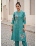 Revanta Teal Cotton A-Line Co-ord Set – Butterfly Digital Print Kurta with Pants