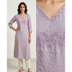 Women’s A-Line Kurti in Crushed Nylon with Bead Handwork and Lining- Lavender Grey
