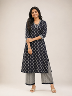 Anvita Black Printed A-Line Kurta Co-Ord Set with Contrast Patterned Palazzos