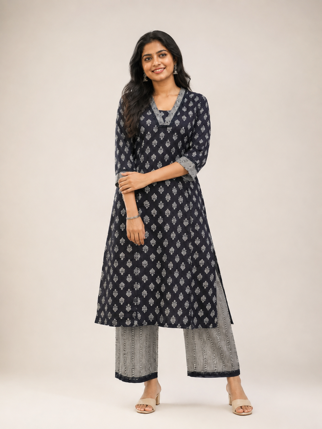 Anvita Black Printed A-Line Kurta Co-Ord Set with Contrast Patterned Palazzos