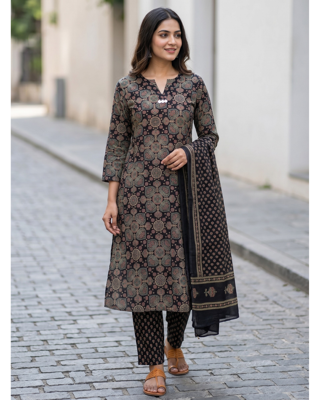 Charcoal Black Cotton Kurta Trousers Set with Dupatta – Allover Ajrakh Digital Print