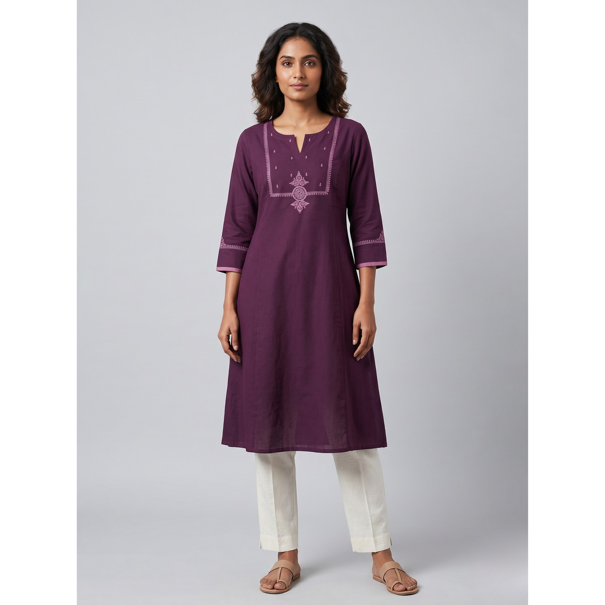 Anvita Plum Purple Pure Cotton Straight Kurta – Mandalic Digital Print & V-Split Neck