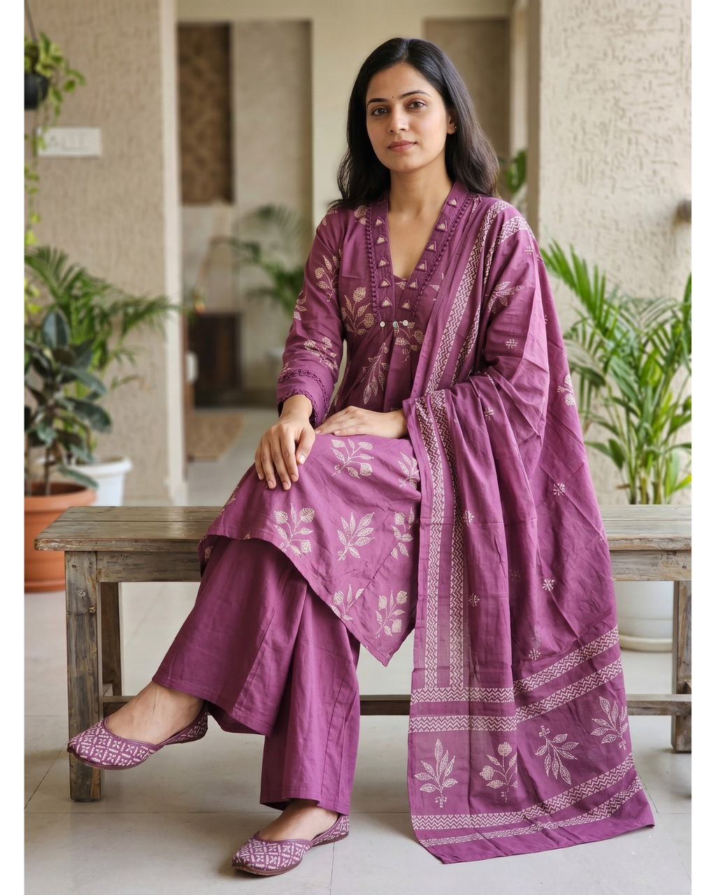 Mauve Purple Cotton A-Line Kurta Set with Dupatta – Floral Digital Print & Mirror-Work Yoke