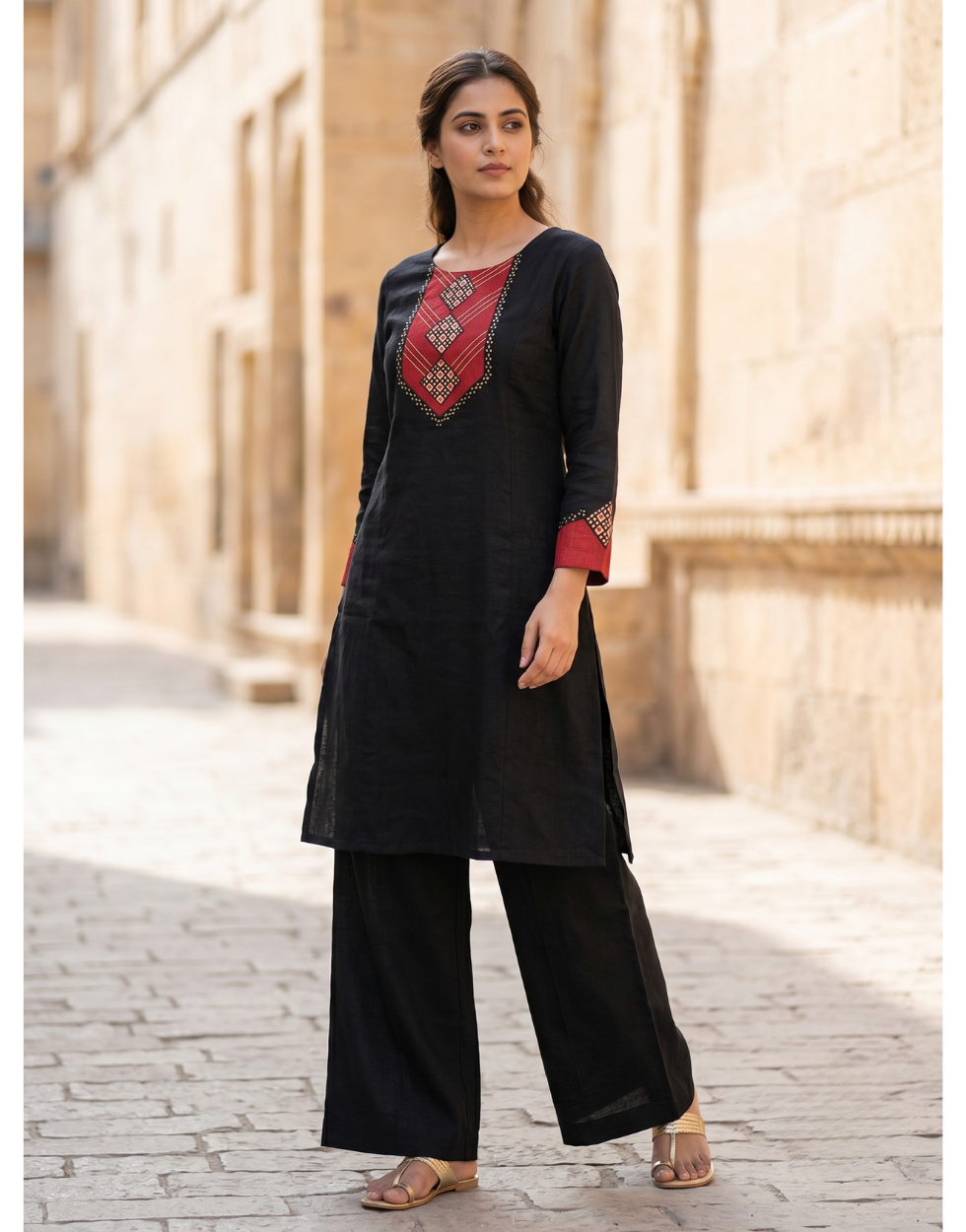 Anvita Black Pure Cotton Coord Set with 3/4 Sleeve & Printed Maroon Detailing on Yoke & Sleeve