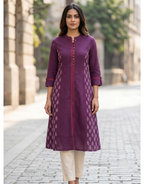 Anvita Purple Cotton Slub Kurta – Elegant Printed Yoke & Sleeve Detail – Chic Festive Wear