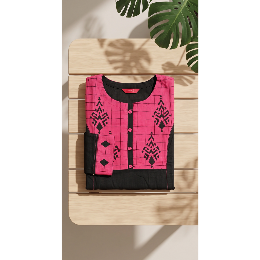 Anvita Jet Black Cotton Straight Kurta – Contrast Pink Yoke & Geometric Digital Print