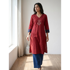 Anvita Crimson Red Pure Cotton Straight Kurta – Floral Digital Print & Contrast Cuffs