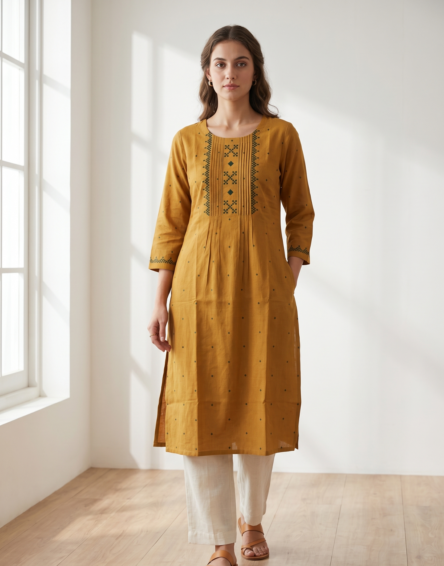 Anvita Mustard Yellow Pure Cotton Kurta – Embroidered Yoke & Subtle Motif Detailing