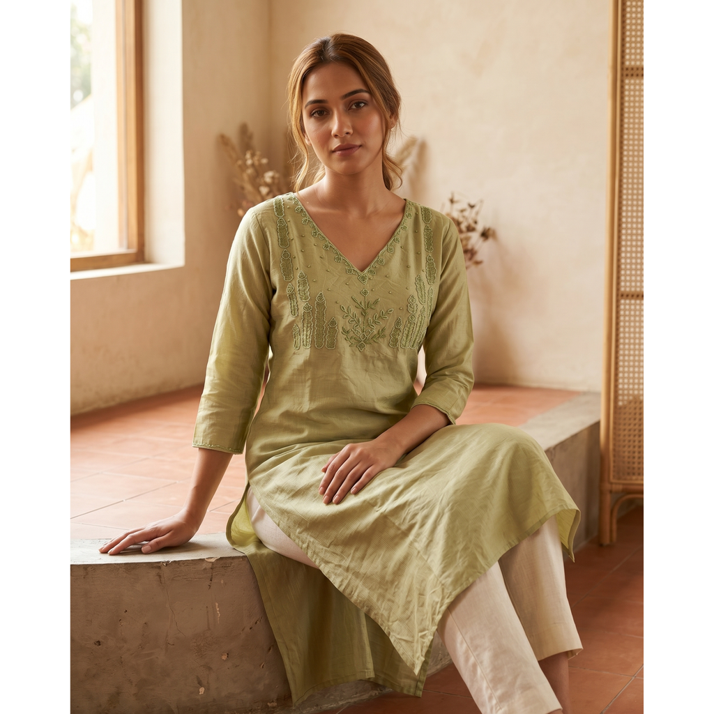 Women’s A-Line Kurti in Crushed Nylon with Bead Handwork and Lining-Green