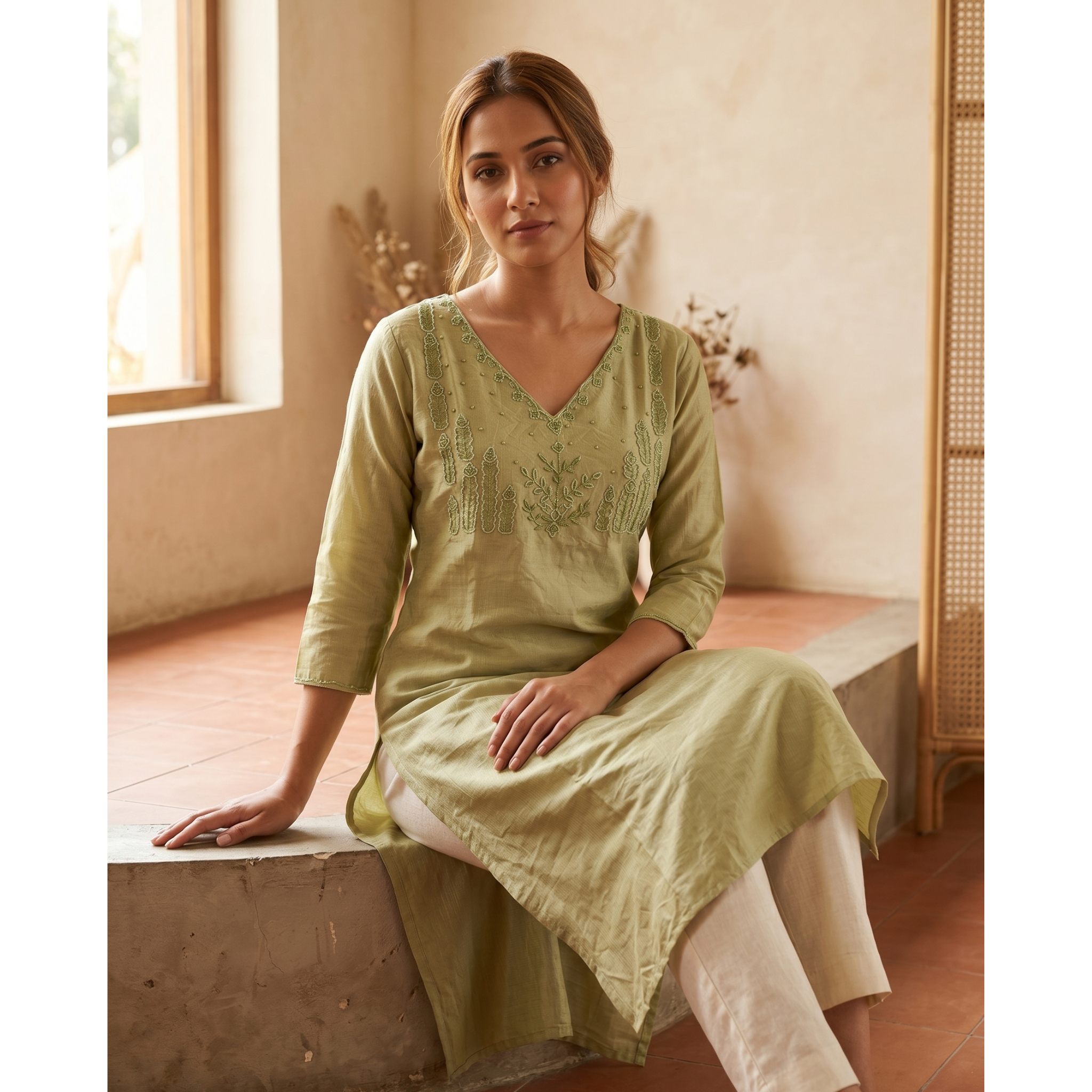 Women’s A-Line Kurti in Crushed Nylon with Bead Handwork and Lining-Green