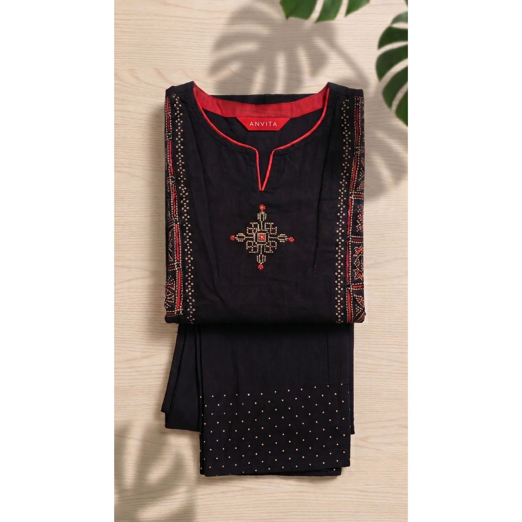 Anvita Jet Black Cotton Straight-Cut Kurta Set – Geometric Digital Print & Palazzo