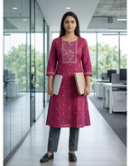 Anvita Dark Pink Cotton Slub Kurta – Elegant Printed Yoke & Delicate Butti Motifs
