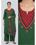 Green Cotton Kurta Palazzo Set with Dupatta – Contrast Yoke & Digital Print