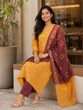 Revanta Mango Yellow Printed 3-Piece Suit – Contrasting Maroon Pants & Patterned Dupatta