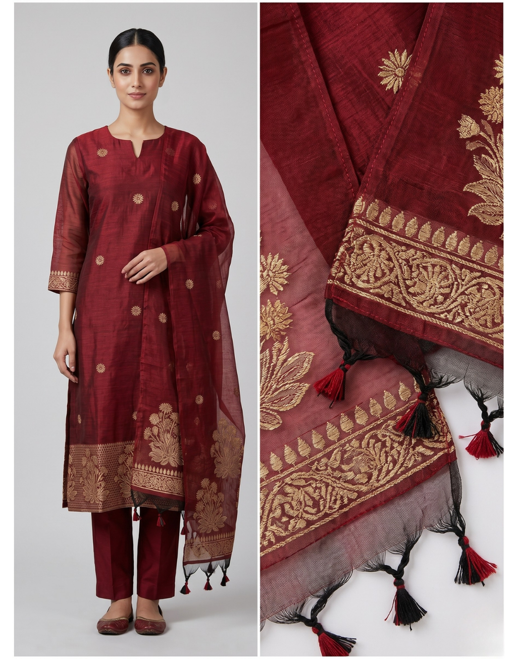 Revanta Maroon Jamdhani Cotton Kurta Set – Elegant Heritage Suit with Dupatta