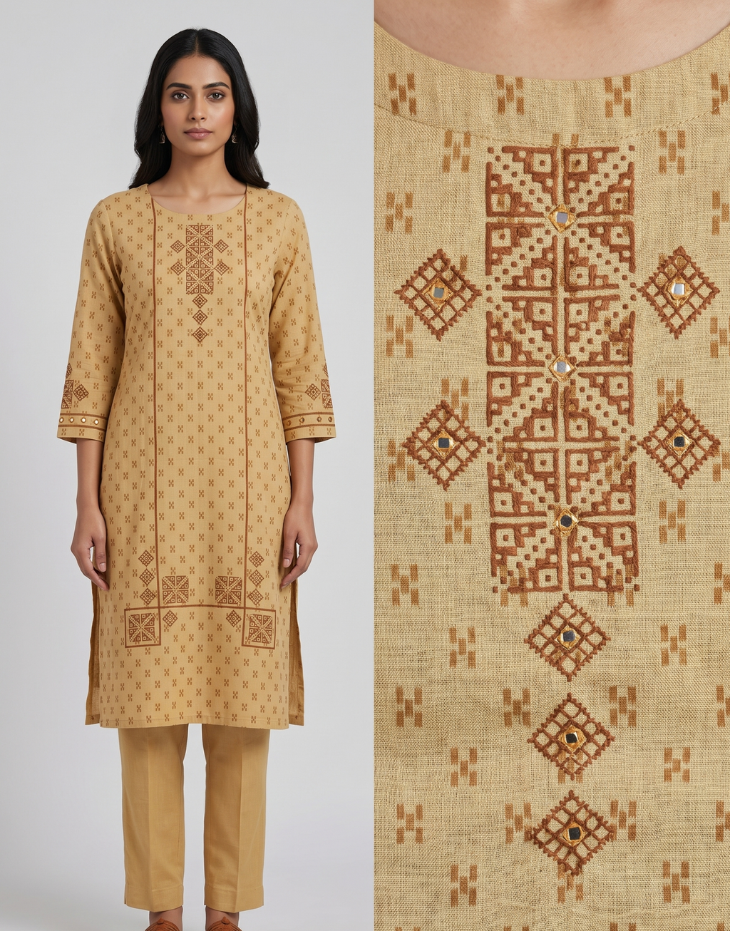Anvita Mustard Yellow Pure Cotton Co-ord Set – Geometric Print Straight Kurta with Trousers
