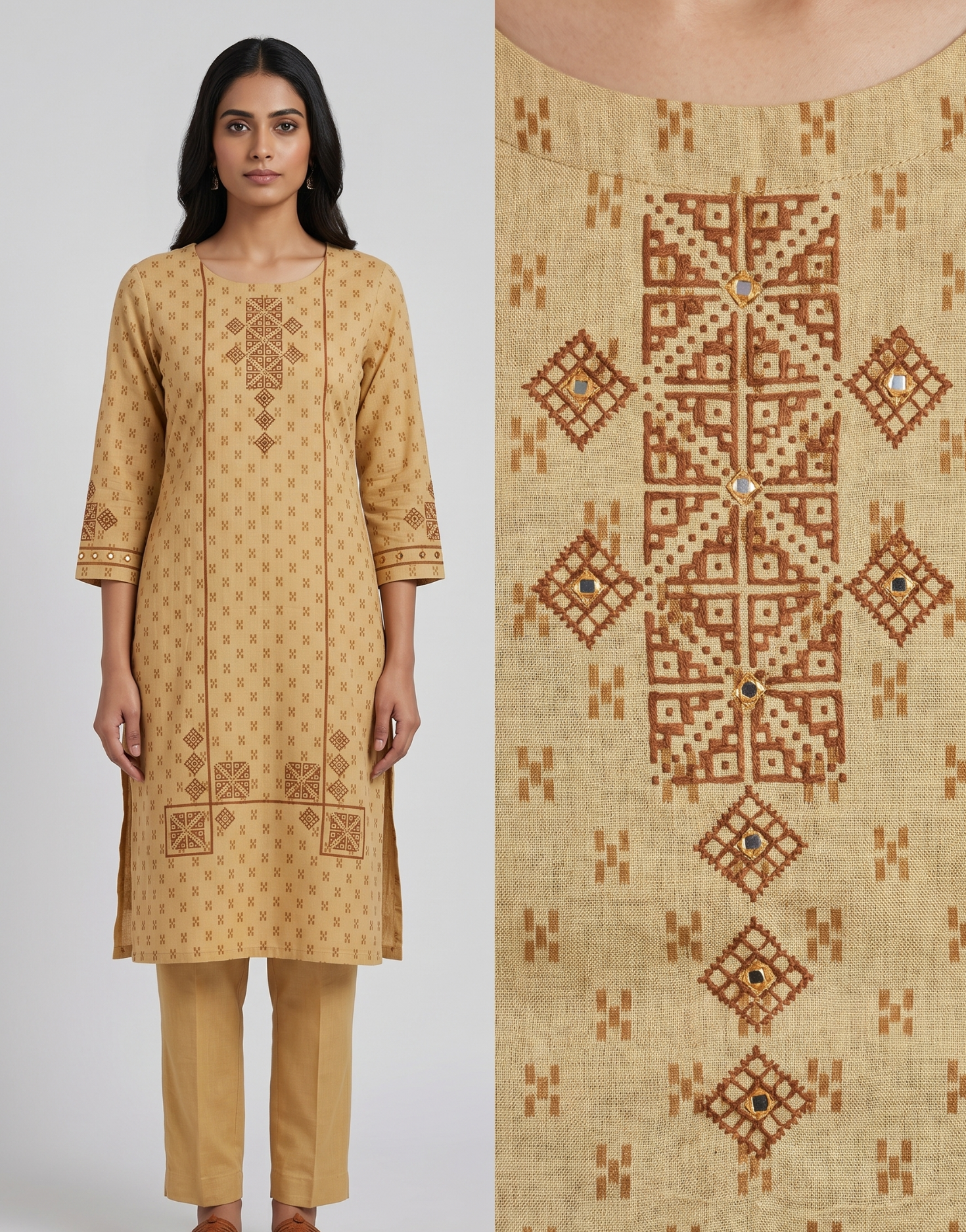 Anvita Mustard Yellow Pure Cotton Co-ord Set – Geometric Print Straight Kurta with Trousers