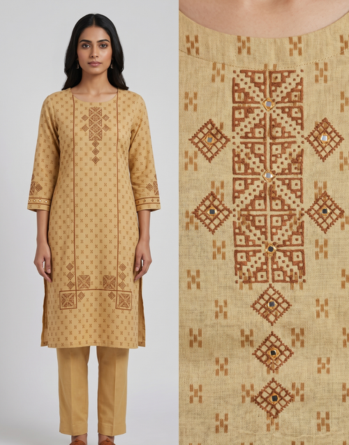 Anvita Mustard Yellow Pure Cotton Co-ord Set – Geometric Print Straight Kurta with Trousers