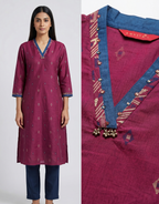 Anvita Deep Maroon Pure Cotton Kurta – Elegant Geometric Motif & V-Neckline