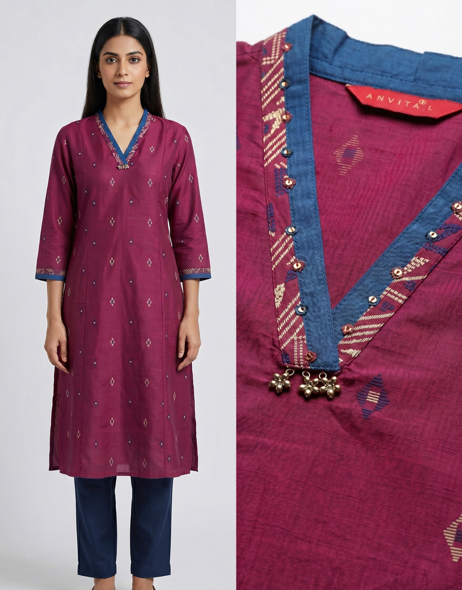 Anvita Deep Maroon Pure Cotton Kurta – Elegant Geometric Motif & V-Neckline