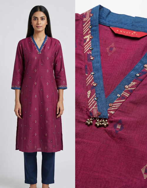 Anvita Deep Maroon Pure Cotton Kurta – Elegant Geometric Motif & V-Neckline