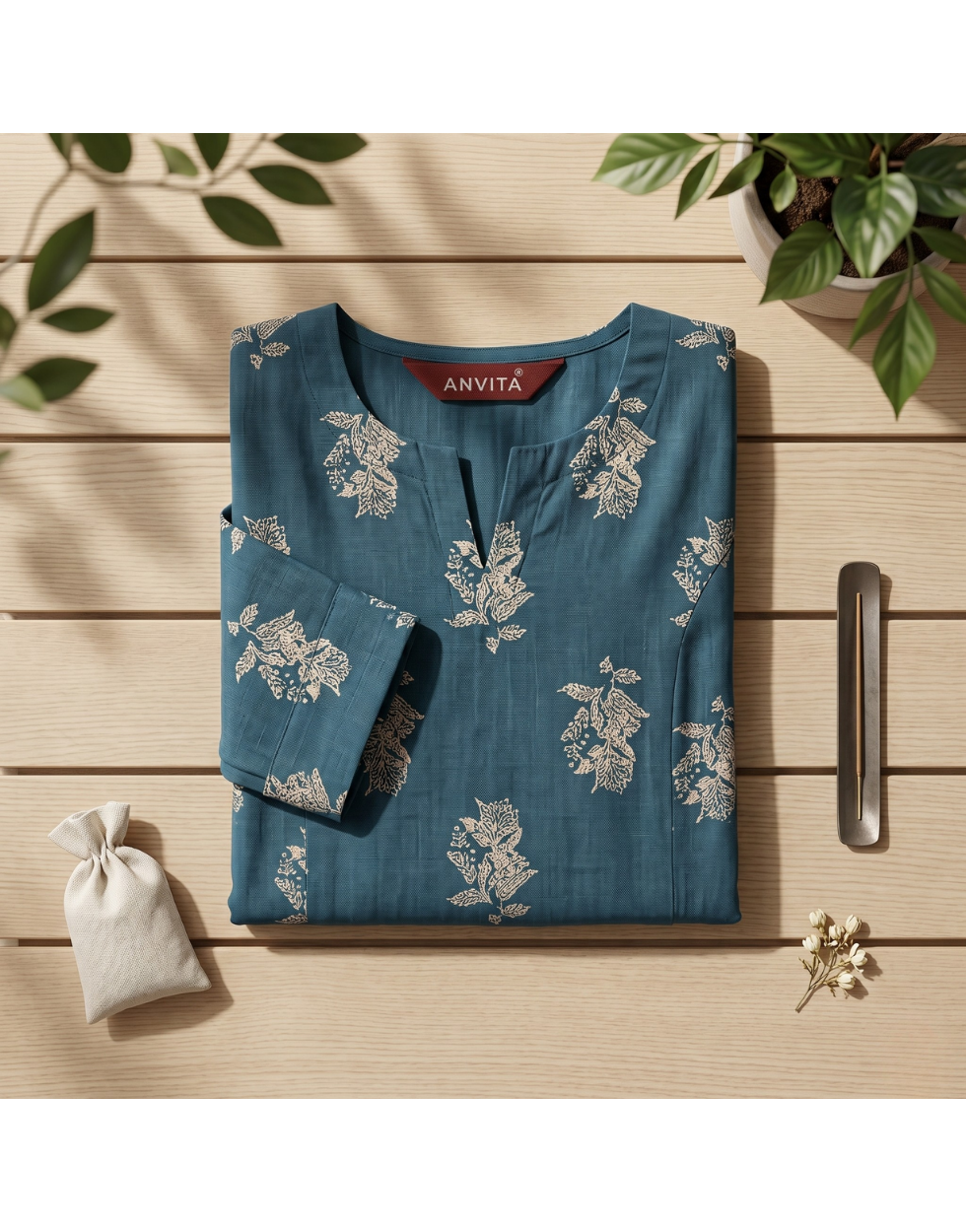 Anvita Teal Printed Cotton Kurta – Floral Motif Design – Elegant Everyday Ethnic Wear