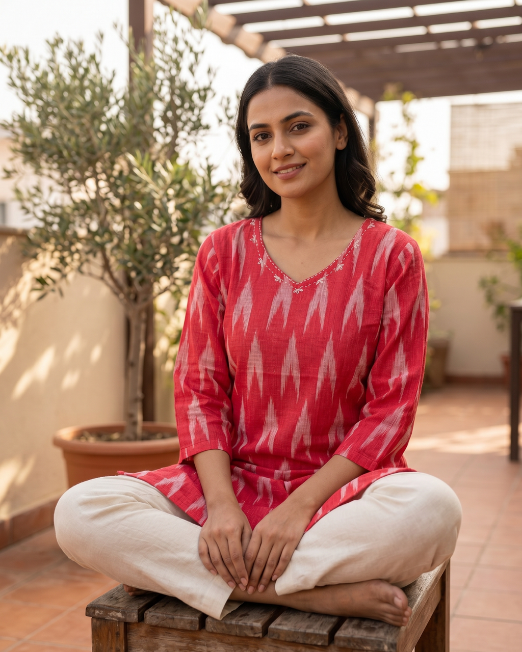 Coral Red Cotton Short Kurti – Ikat Digital Print & V-Neck