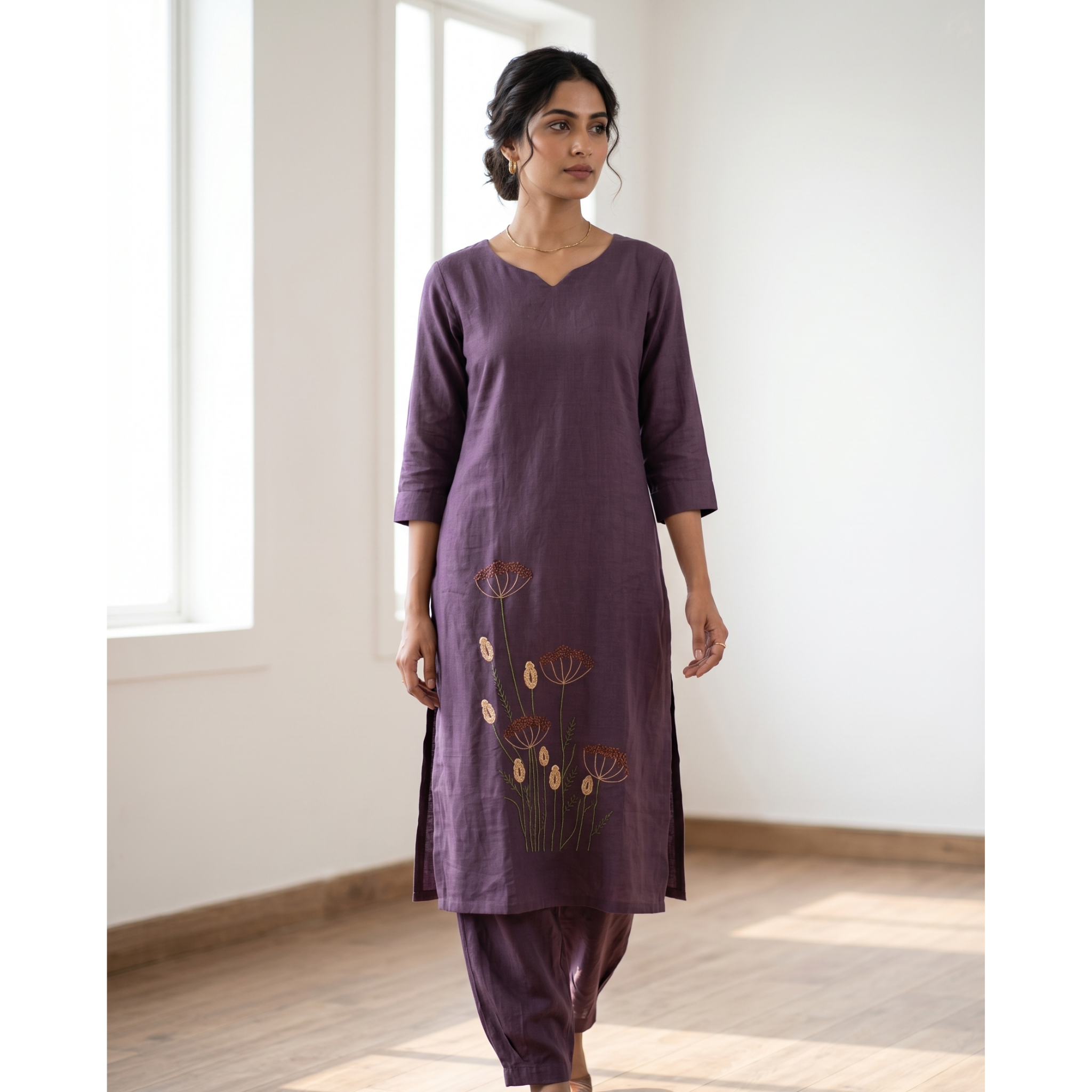 Women's A-Line Kurta Set with Inner Lining – Crushed Nylon Beadwork in Grape Purple & Light Blue