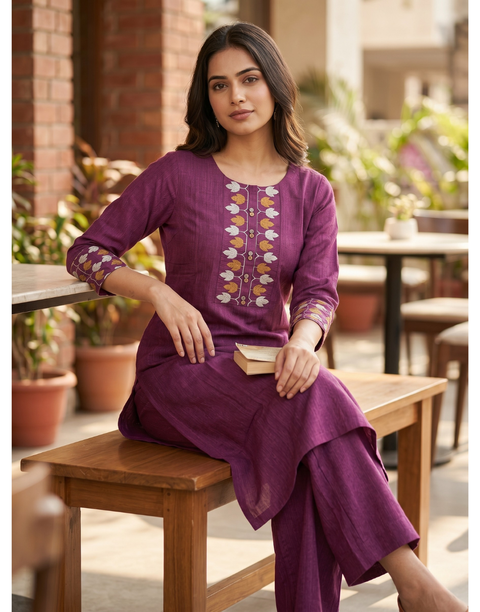 Anvita Plum Purple Cotton Slub Kurta – Embroidered Leaf Yoke Coord Set