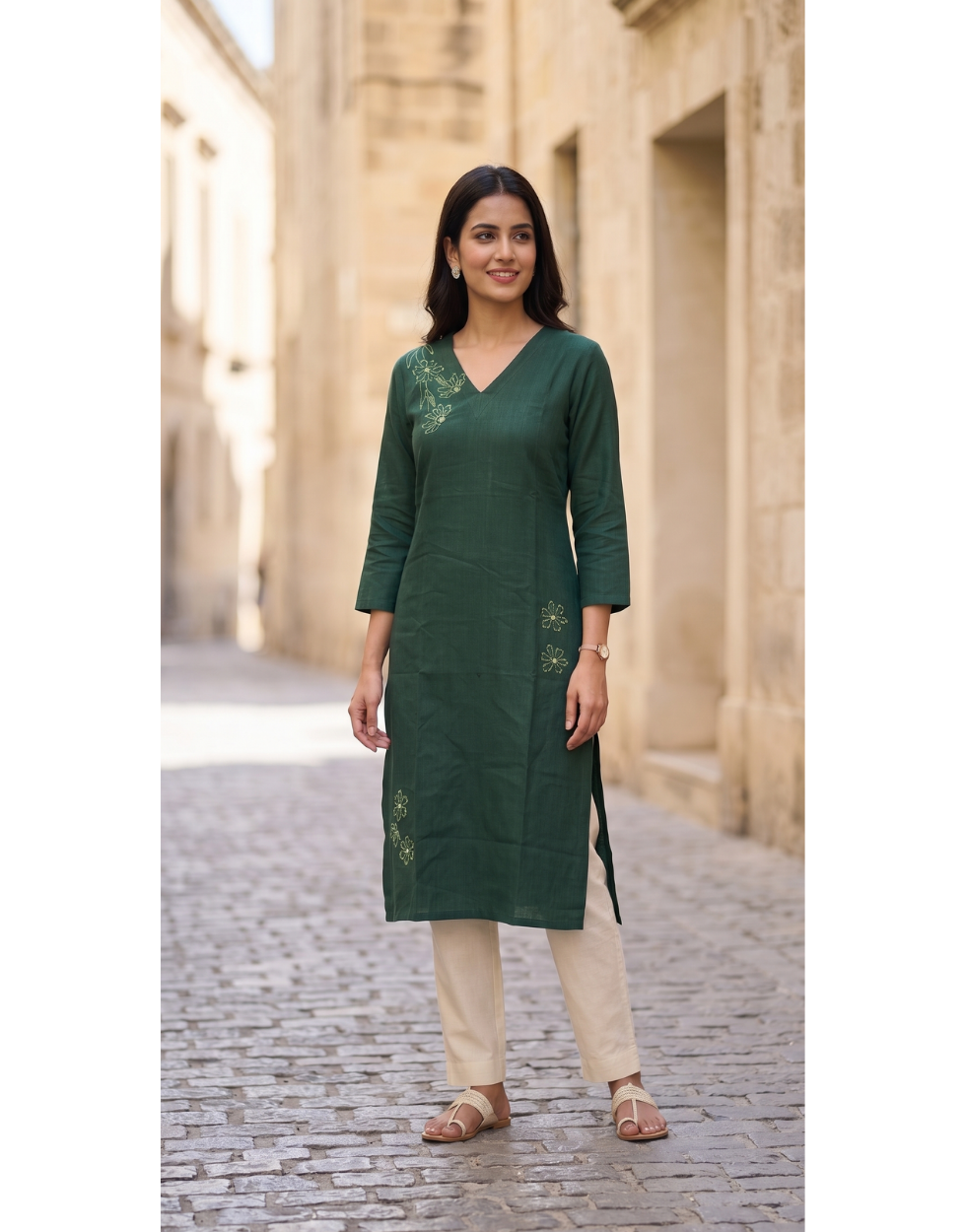 Anvita Emerald Green Cotton Slub Kurta – Asymmetric Floral Print – Chic Casual Wear