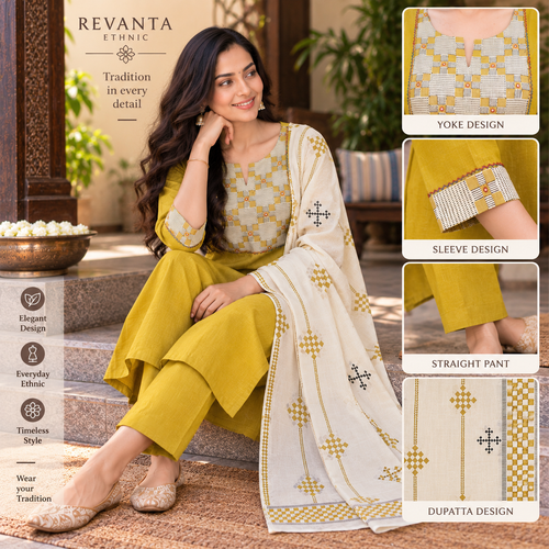Anvita (Anaya) Mustard Olive Kurta Pant Set with Geometric Yoke and Cream Dupatta