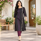 Anvita Black & Maroon Striped Embroidered Cotton Kurta | Floral Embroidery Kurti